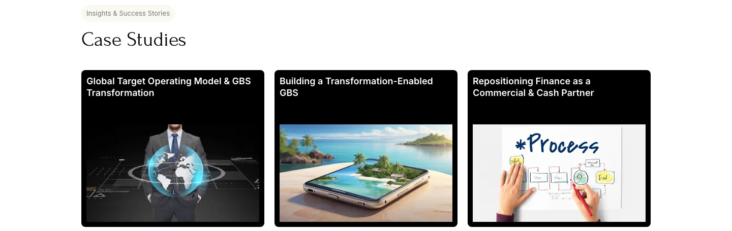 Case Studies section with three dark cards titled with operating model, GBS and finance transformation topics