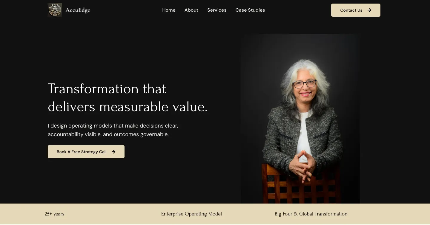 AccuEdge homepage hero with headline, Book A Free Strategy Call button and an advisor portrait on a dark background