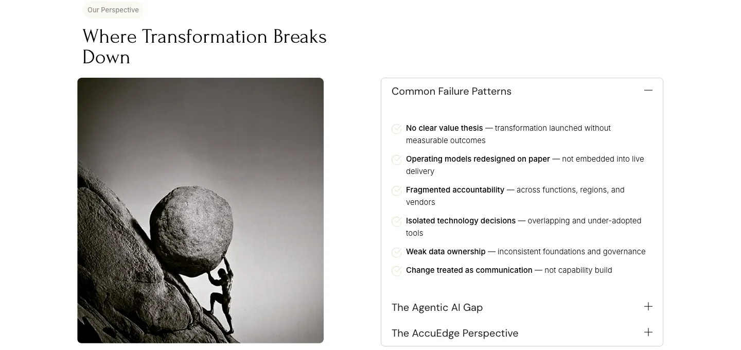 Where Transformation Breaks Down section with a boulder image and an accordion listing common failure patterns