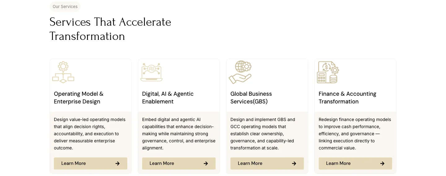 Services That Accelerate Transformation section with four service cards, line icons and Learn More buttons