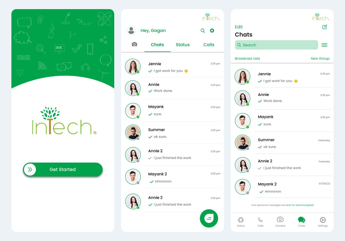 Intech Konnect opening screen and Android/iOS-style chat home designs