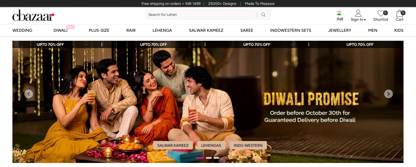Cbazaar homepage header with search, category menu and a Diwali campaign banner with quick-link chips