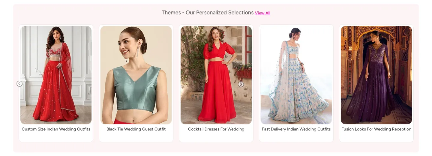 Themes carousel with curated edits such as custom-size wedding outfits and fusion reception looks