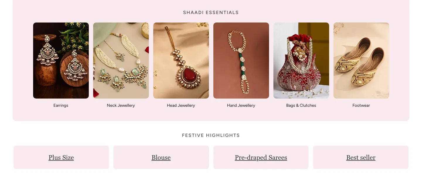 Shaadi Essentials tiles for jewelry, bags and footwear above Festive Highlights buttons