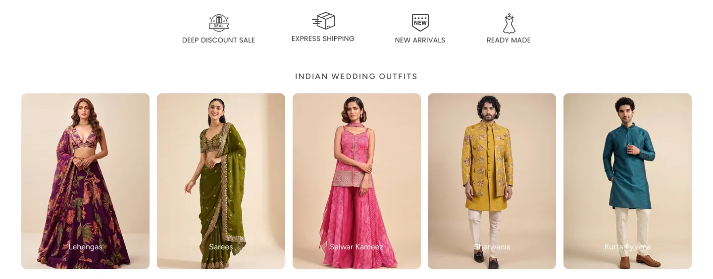 Service icons above an Indian Wedding Outfits row with cards for lehengas, sarees, salwar kameez, sherwanis and kurtas