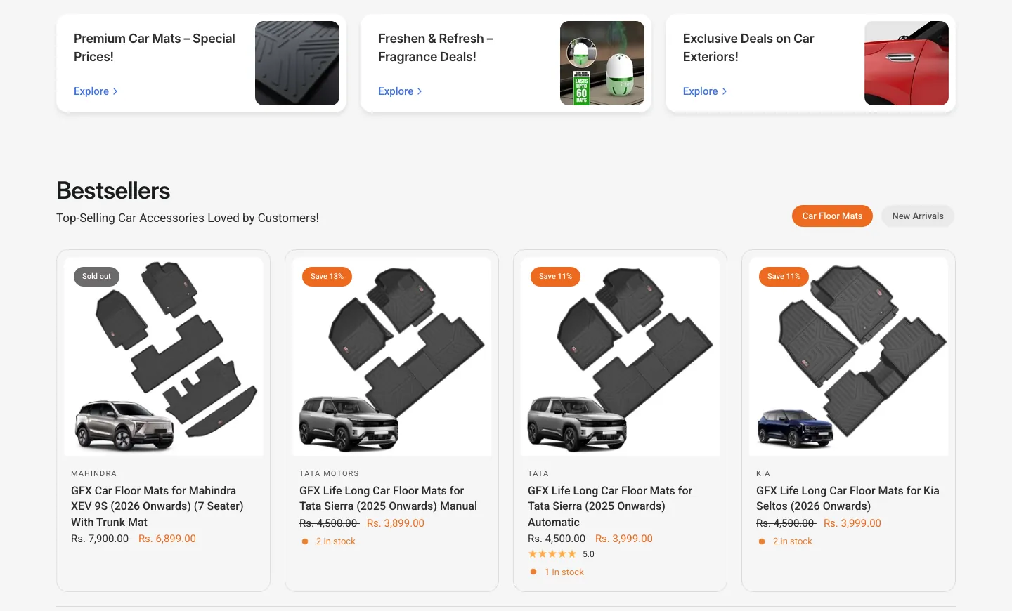 Three promotional cards above a Bestsellers grid of car floor mat sets, each shown with a matching car model