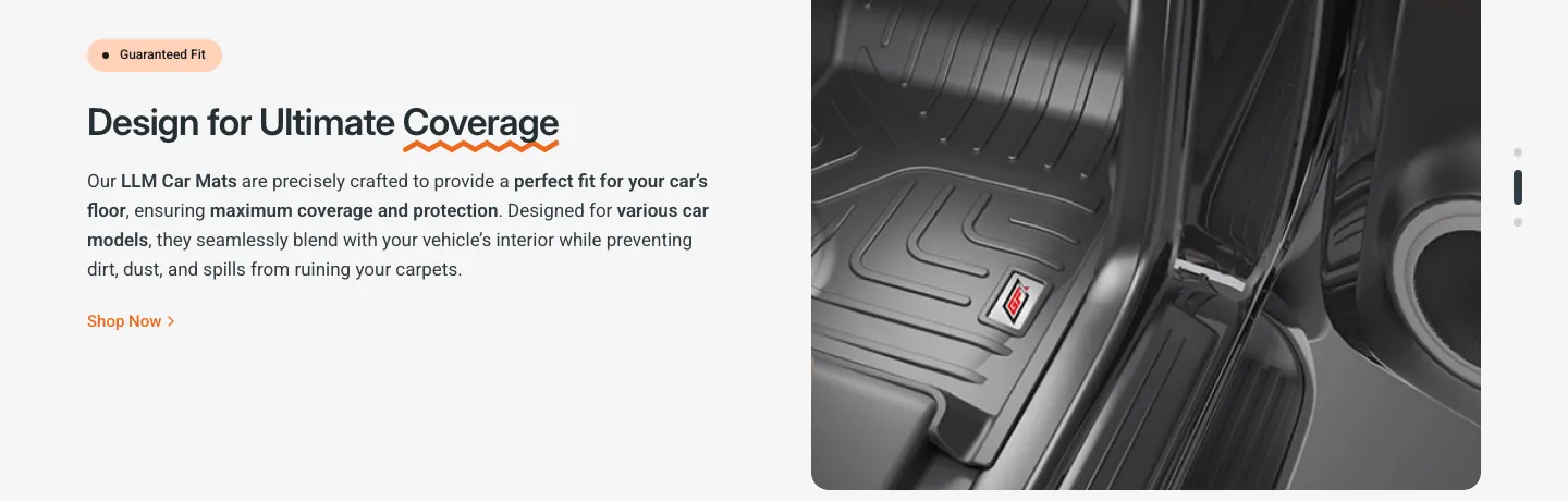 Feature block titled Design for Ultimate Coverage beside a close-up photo of a black fitted car floor mat