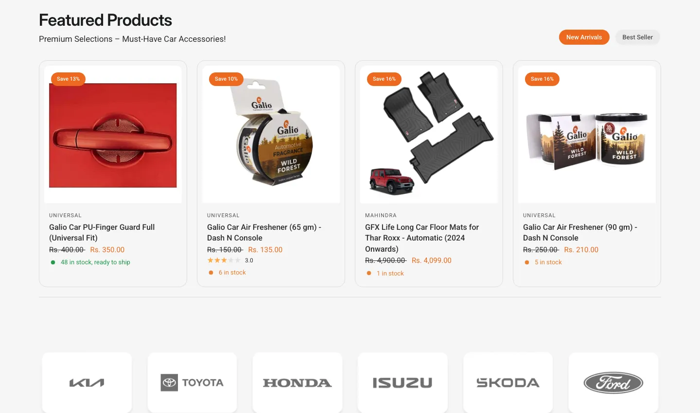 Featured Products grid with car accessories and floor mats, above a row of car brand logos