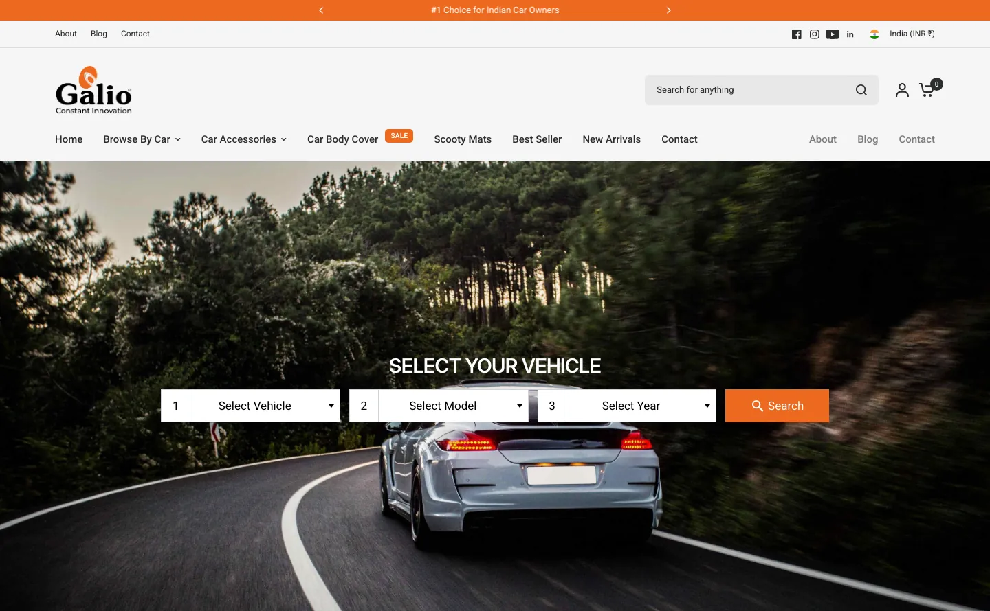 Galio India homepage with menu, search bar and a Select Your Vehicle tool with vehicle, model and year dropdowns