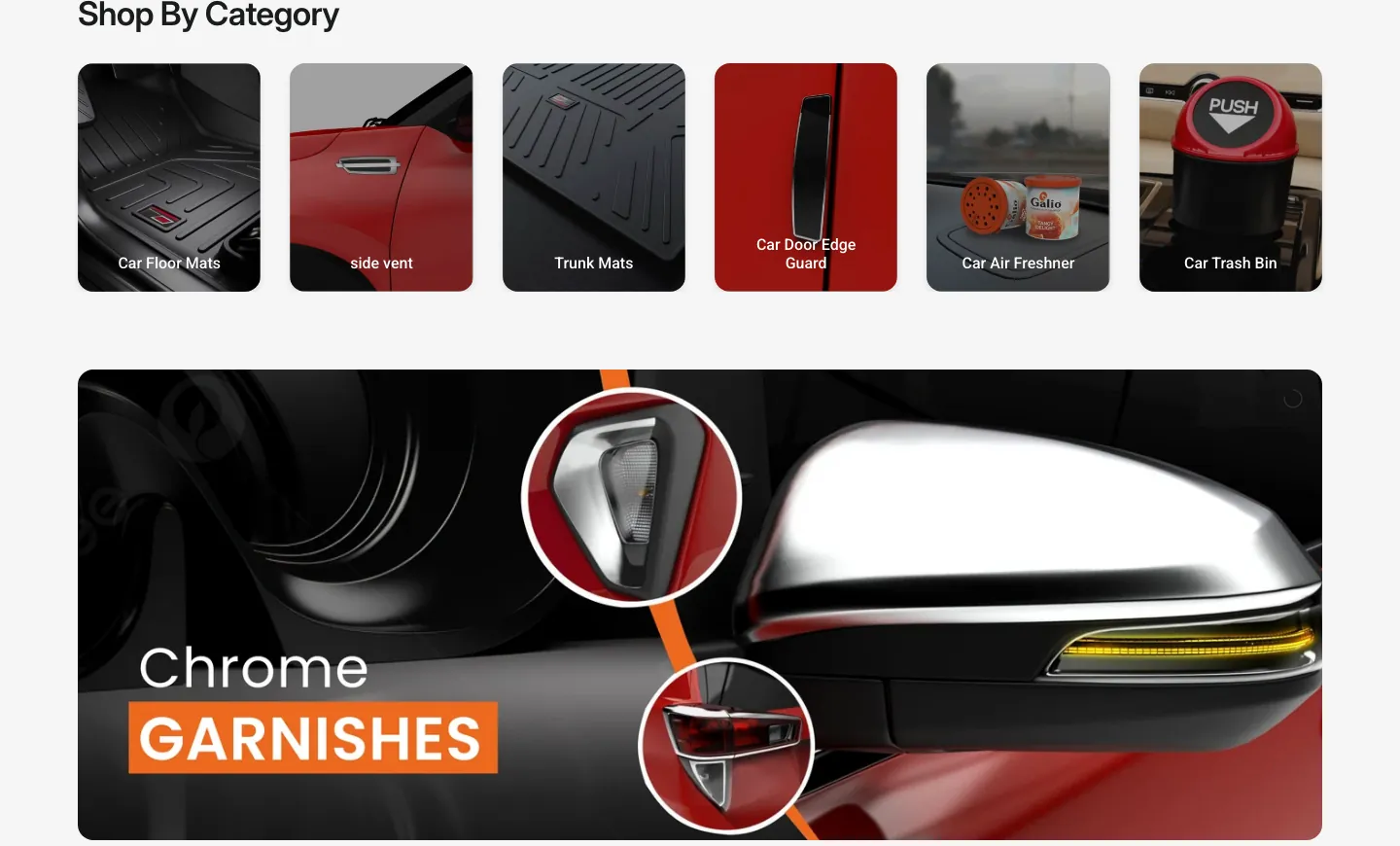 Shop By Category row with six accessory tiles above a Chrome Garnishes promotional banner