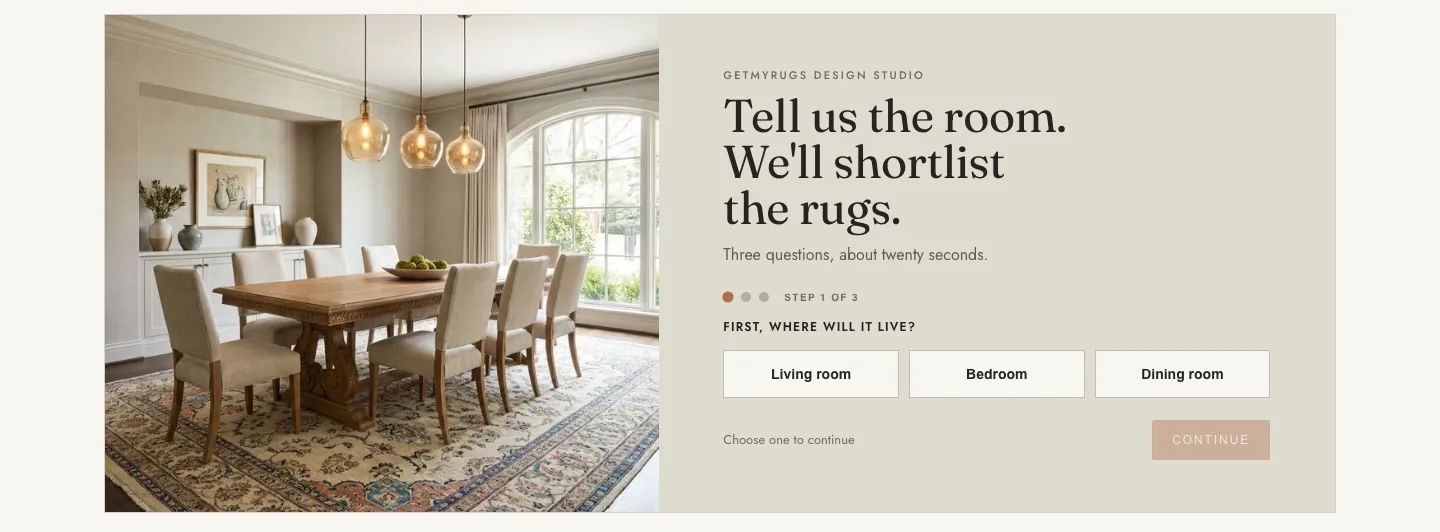 Design Studio panel asking where the rug will live, with Living room, Bedroom and Dining room buttons