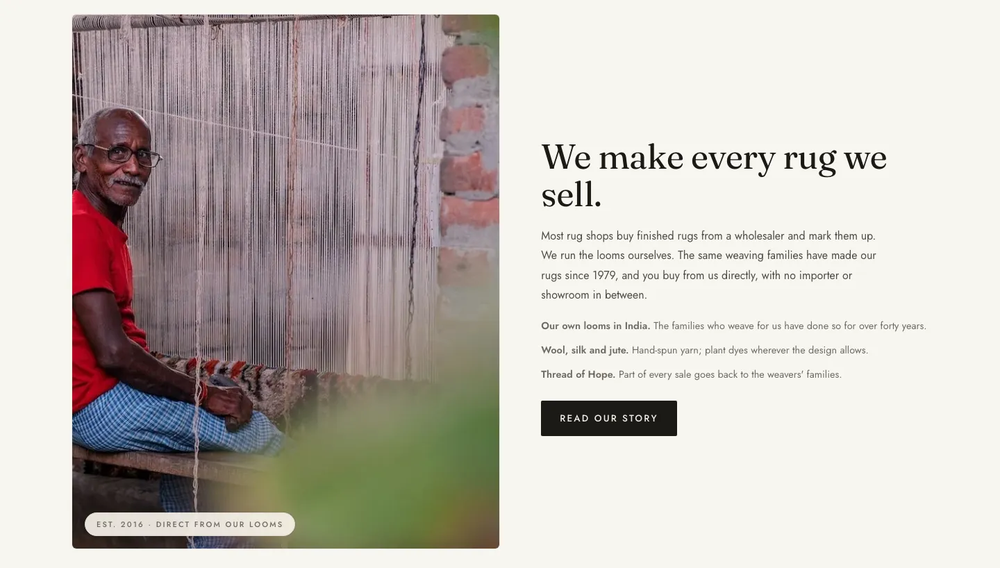 We make every rug we sell section with a photo of a weaver at a loom beside text about looms and materials