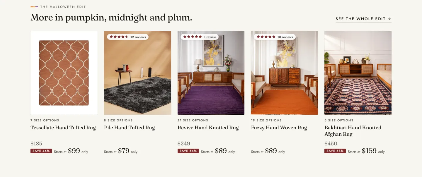 Five rug product cards with size option counts, names and pricing under the heading More in pumpkin, midnight and plum