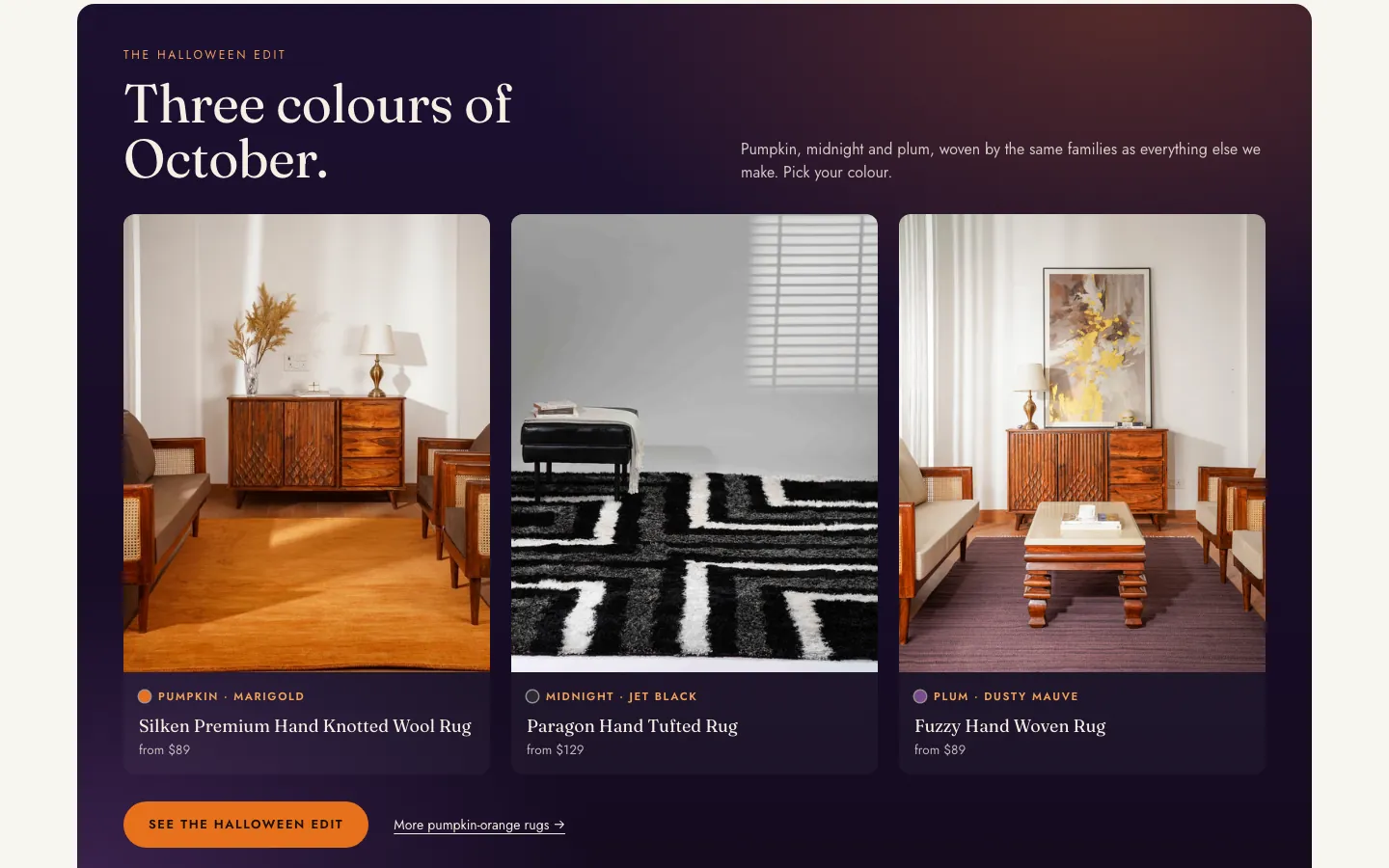 Three colours of October panel with pumpkin, midnight and plum rugs shown in styled living rooms