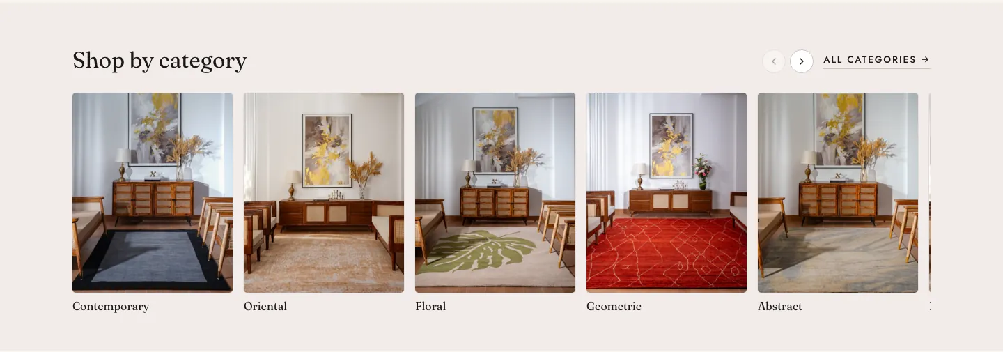 Shop by category carousel with Contemporary, Oriental, Floral, Geometric and Abstract rugs in the same room