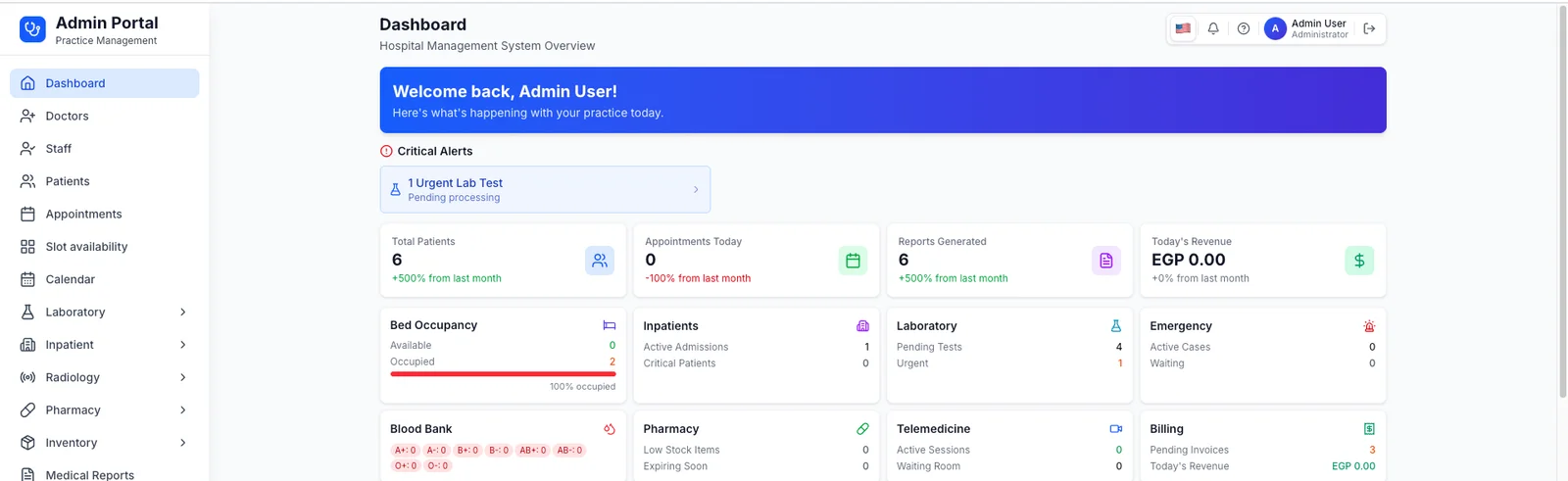 Hospital management system administrator dashboard with operational summaries