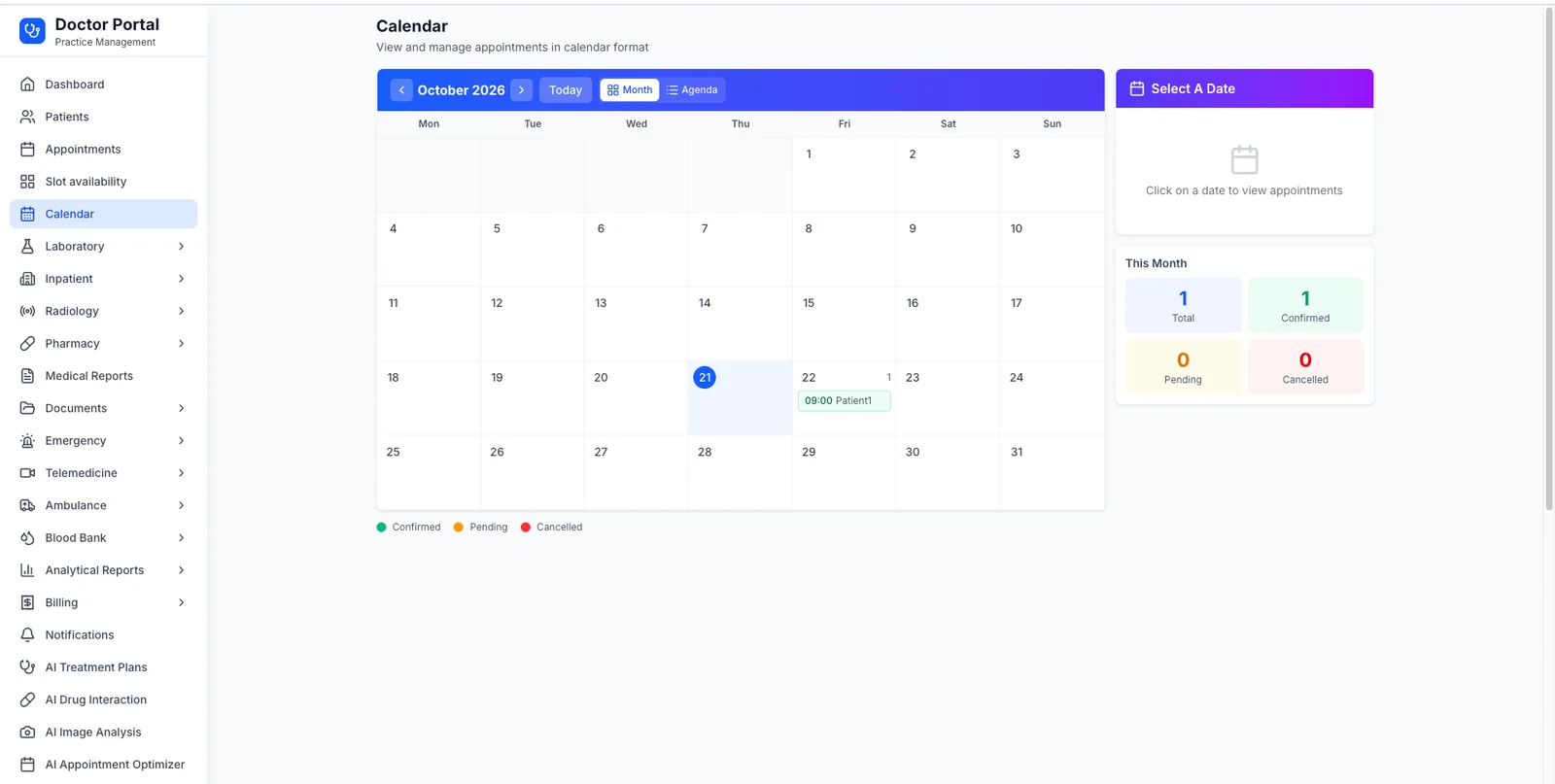 Hospital management system appointment calendar with monthly scheduling