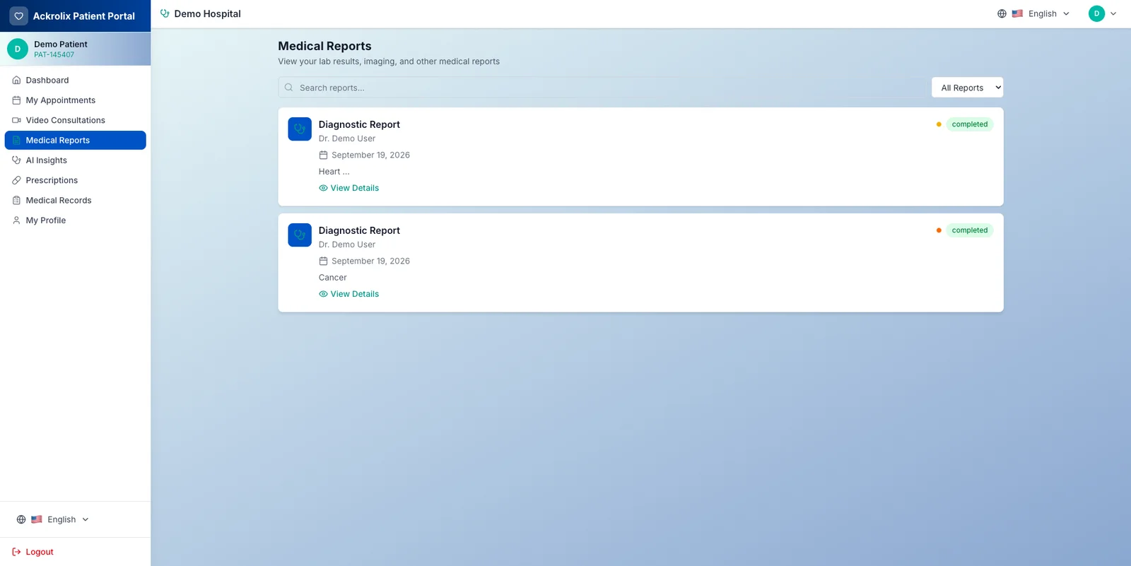 Patient portal medical report listings and report status