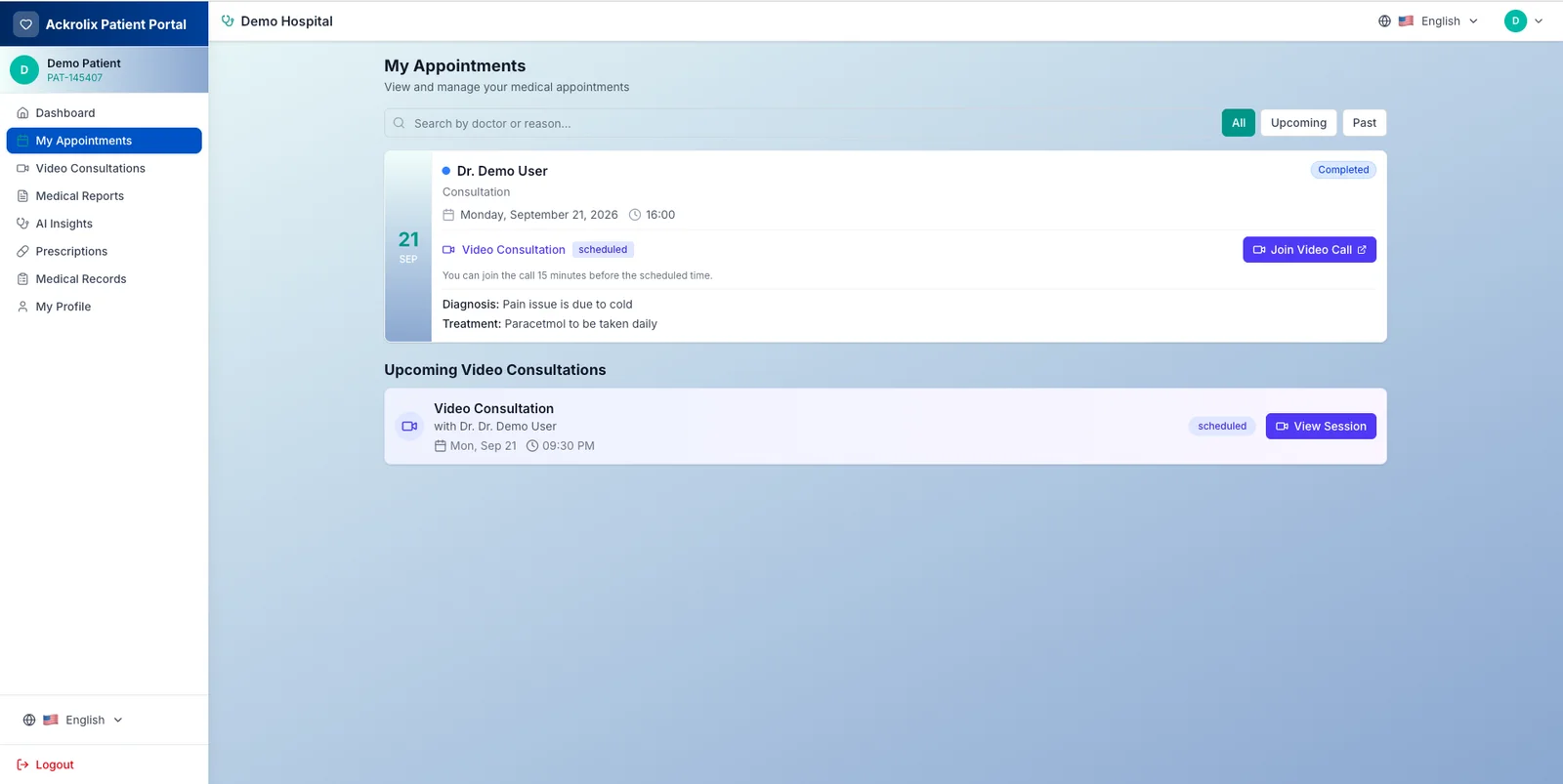 Patient portal appointment management with consultation date and status