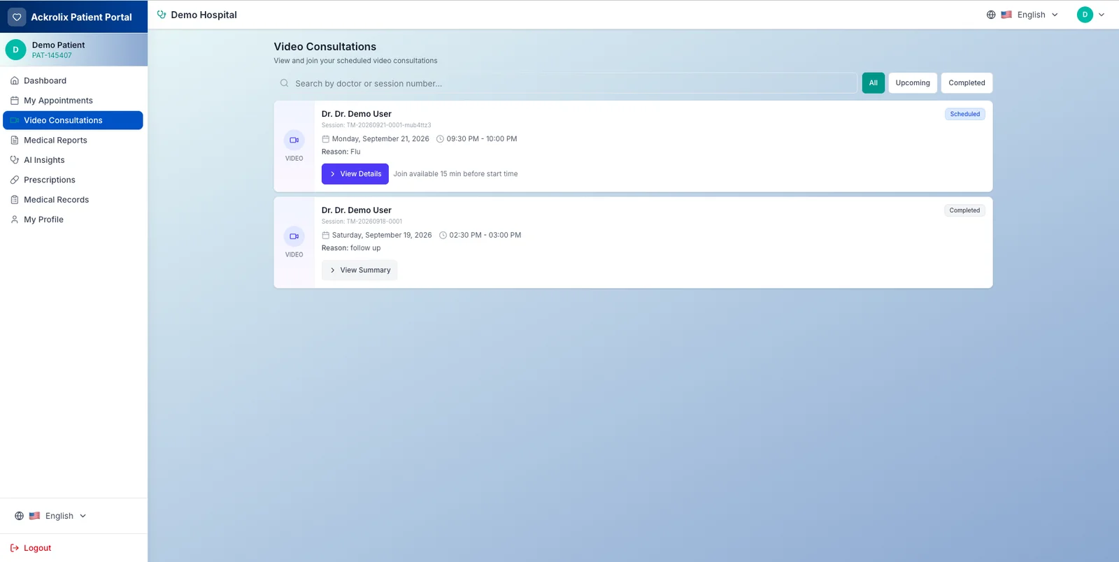 Patient portal video consultation schedule with upcoming and completed sessions