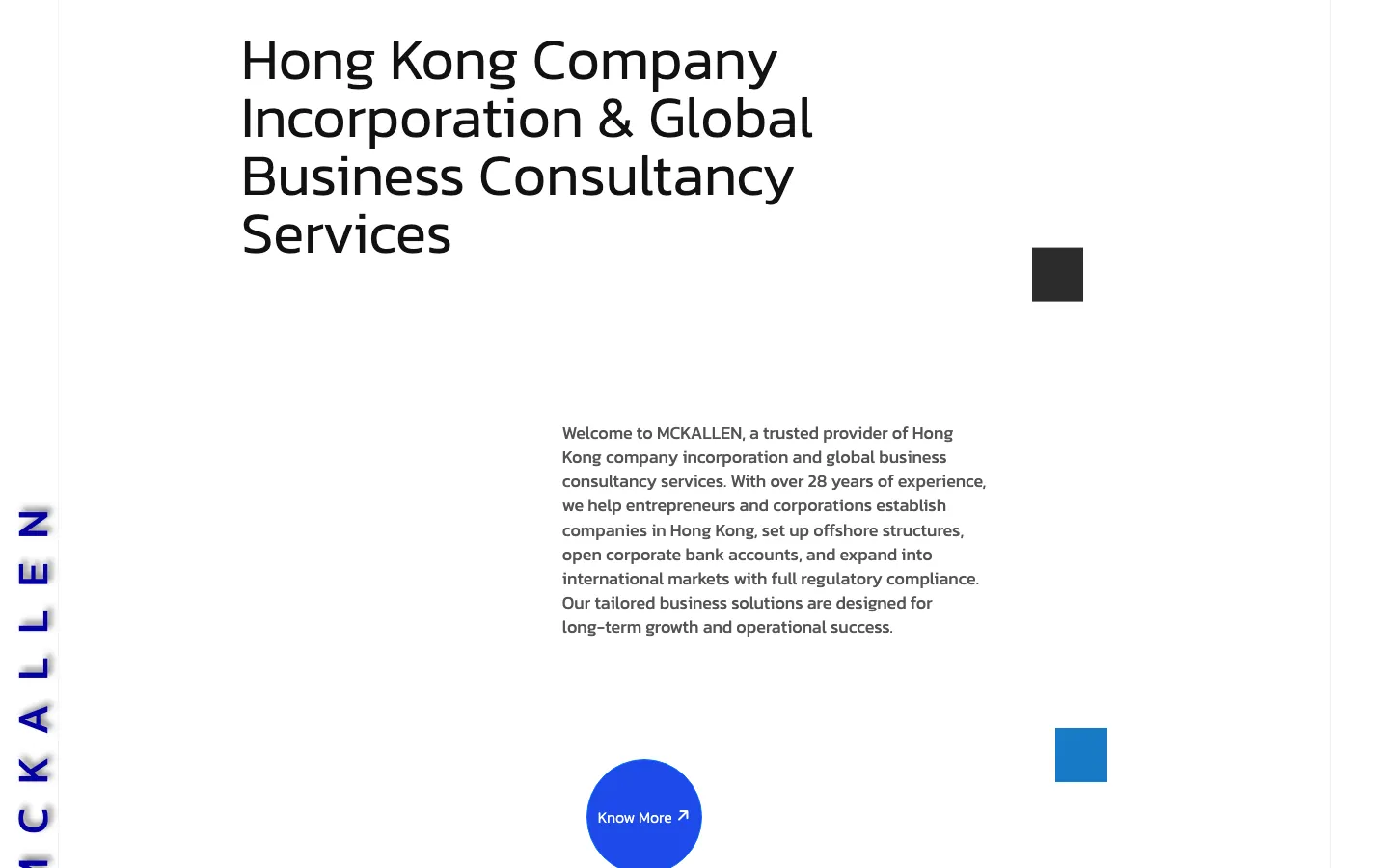 MCKALLEN intro section with a large headline, welcome paragraph, round Know More button and vertical brand name