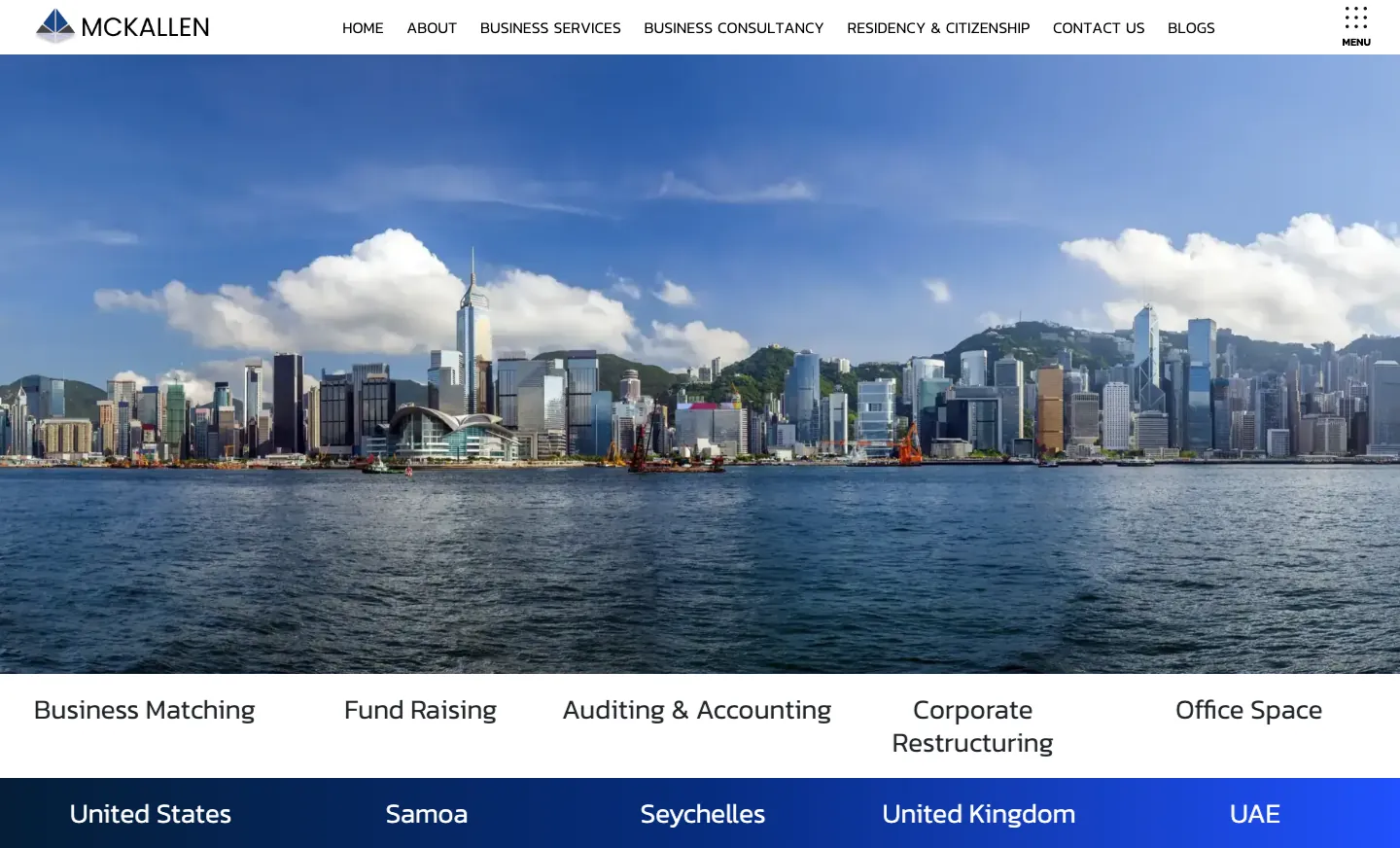 MCKALLEN homepage with Hong Kong skyline hero, a white services ticker and a blue jurisdictions ticker below