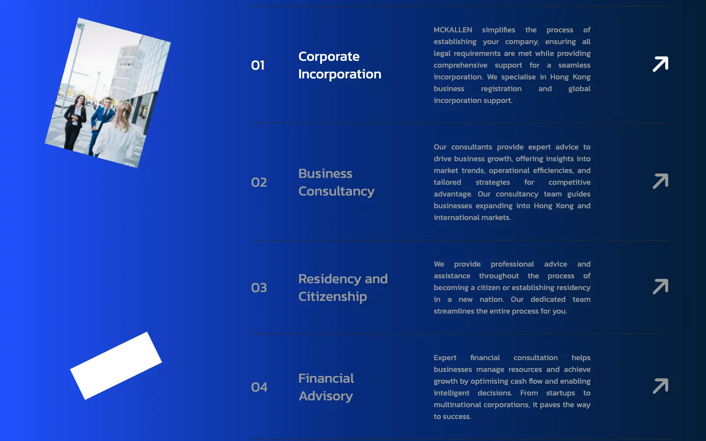 Blue services section listing Corporate Incorporation, Business Consultancy, Residency and Citizenship, Financial Advisory