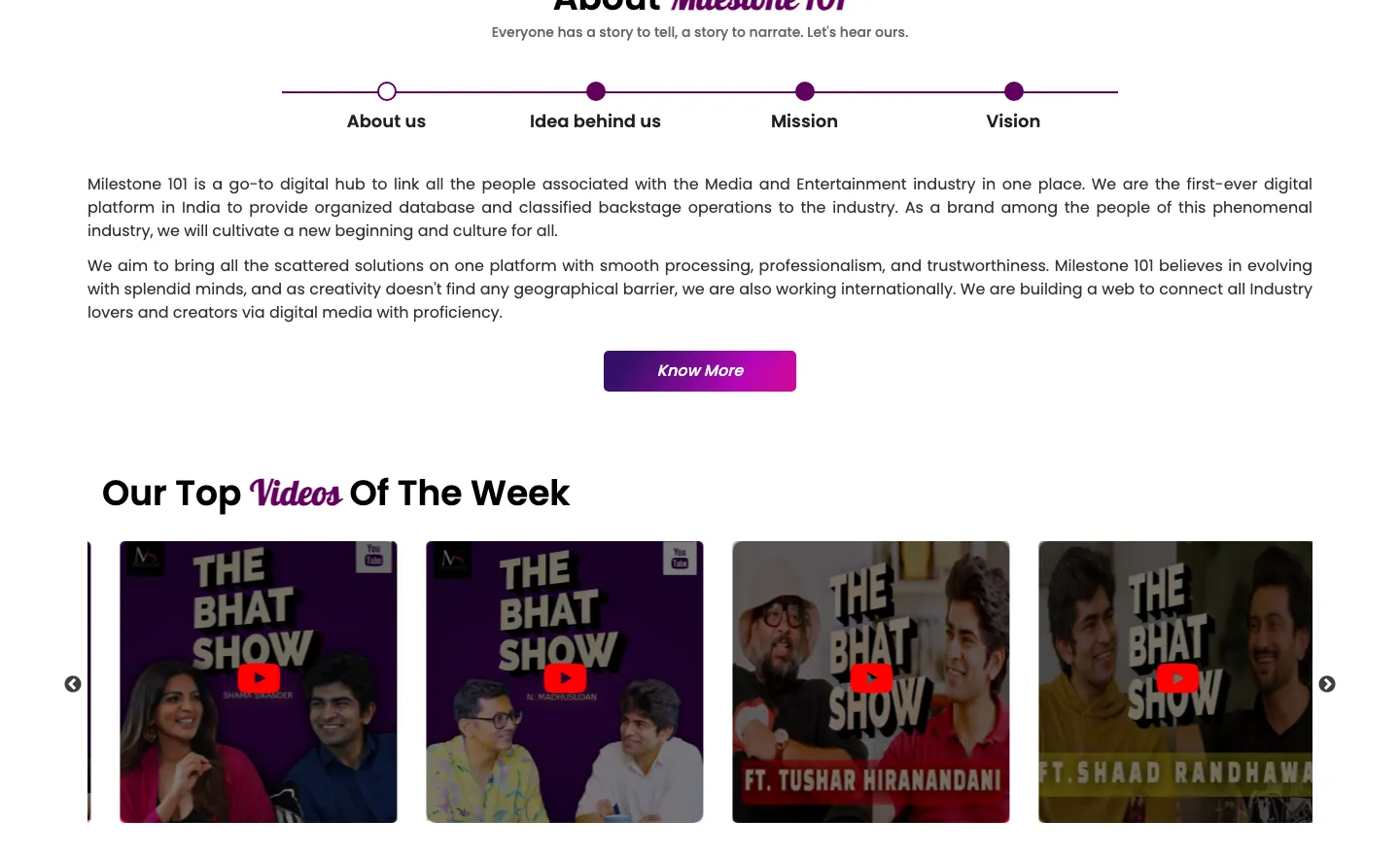 Milestone 101 About section with Mission and Vision tabs above a Top Videos of the Week carousel