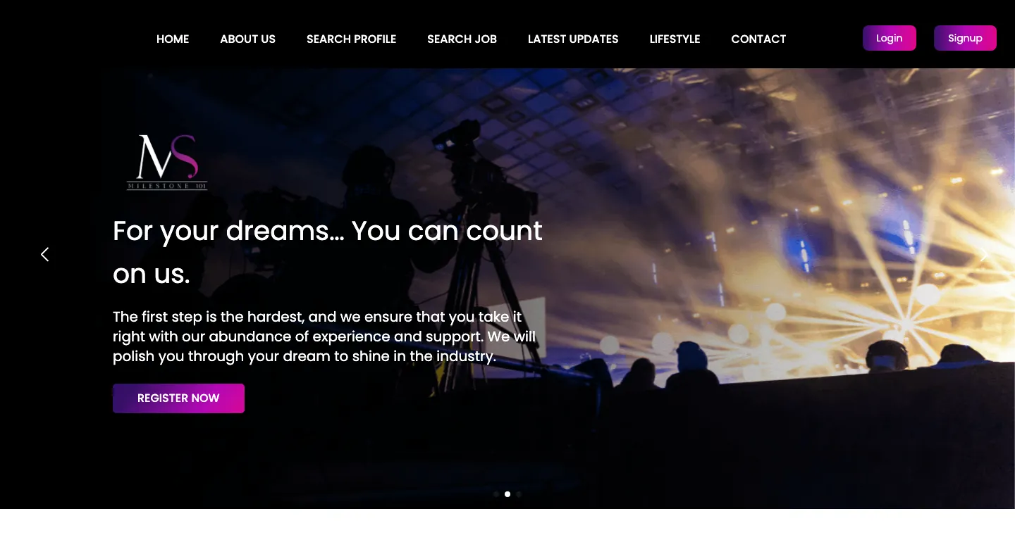 Milestone 101 homepage hero with stage lighting, Register Now button and Search Profile and Search Job menu items