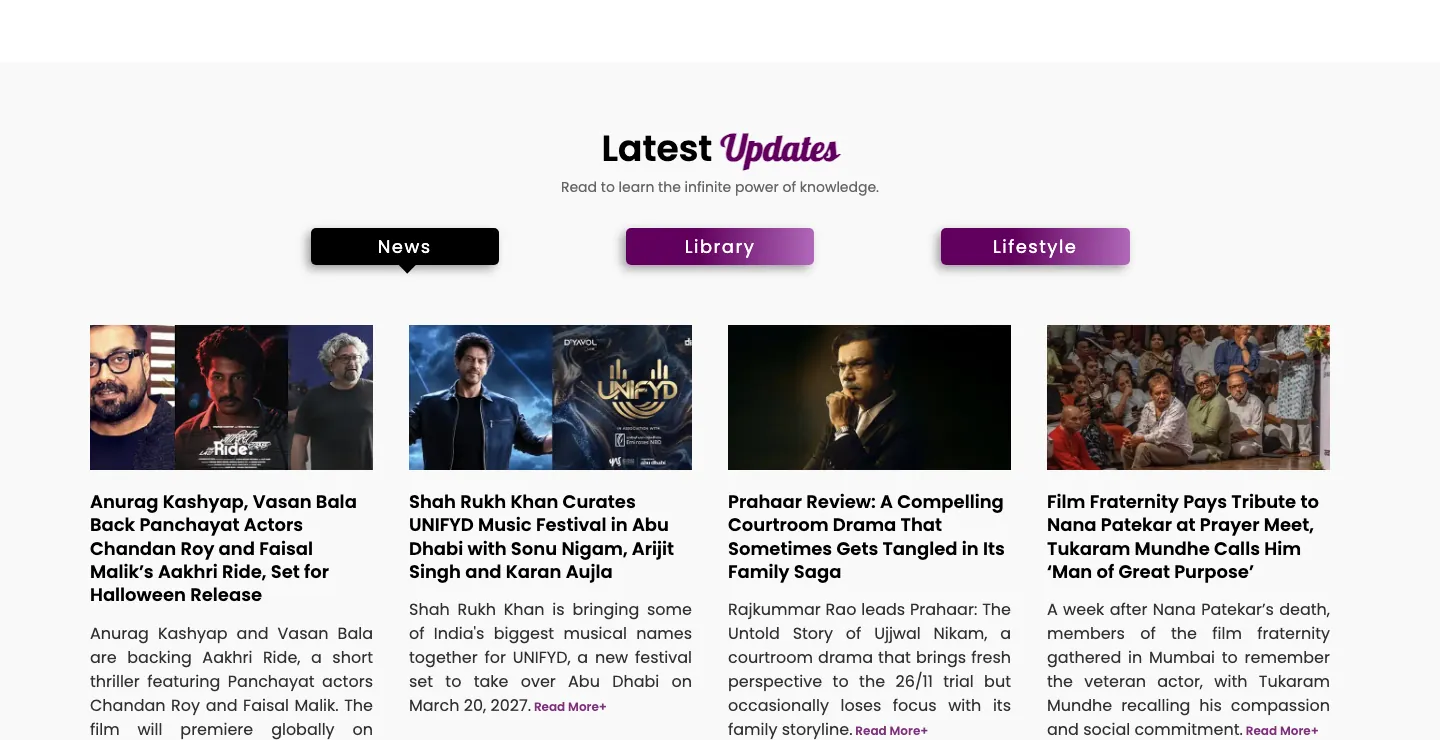 Latest Updates section with News, Library and Lifestyle tabs and four entertainment news article cards