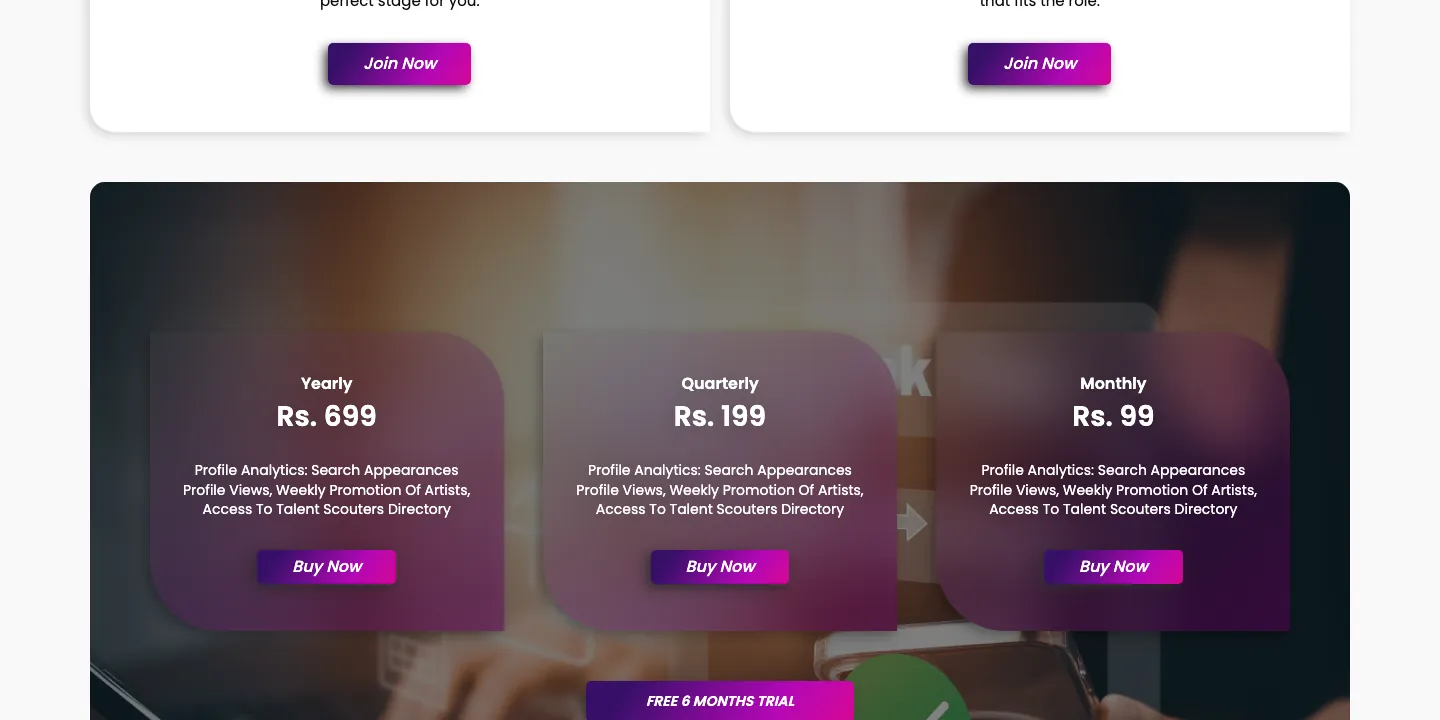 Yearly, Quarterly and Monthly membership cards listing profile analytics and weekly promotion, with a free trial button