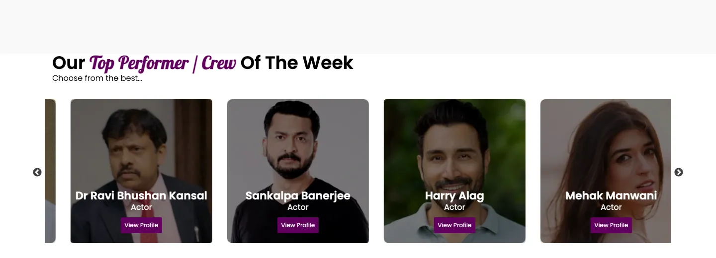 Top Performer / Crew of the Week carousel with actor headshots, names and View Profile buttons