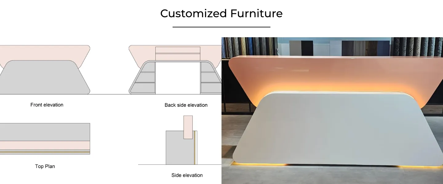 Customized Furniture section with reception desk elevation drawings beside a photo of the finished lit desk