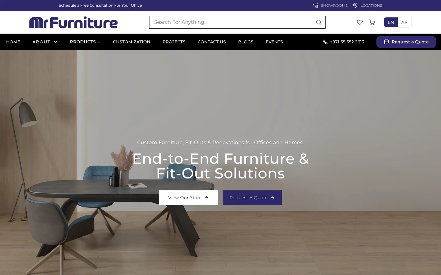 MRFurniture homepage with search, EN/AR switch, Request a Quote button and a hero offering furniture and fit-out solutions