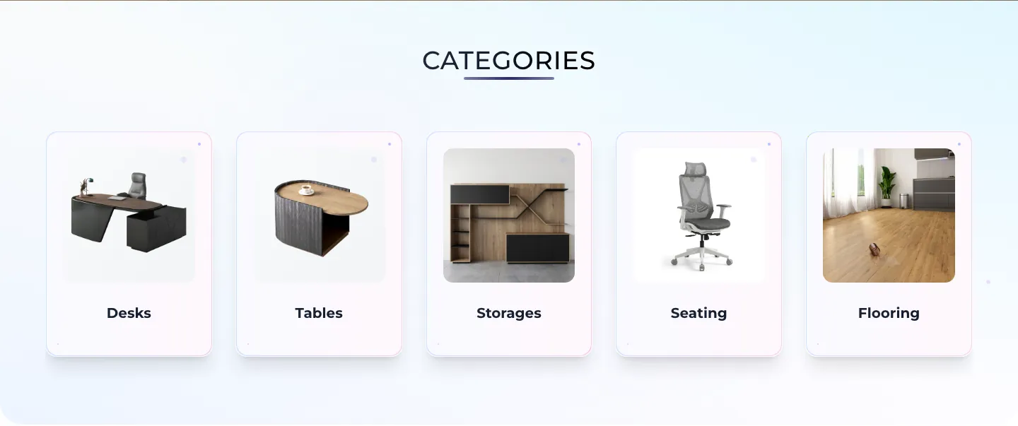 Categories section with cards for Desks, Tables, Storages, Seating and Flooring