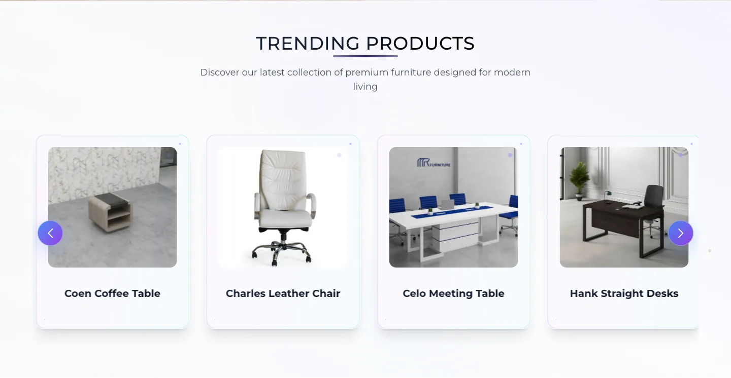 Trending Products carousel with a coffee table, leather chair, meeting table and desk