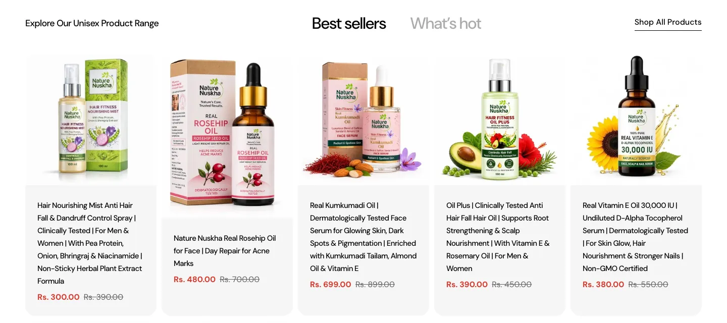 Best sellers tab with five product cards for hair mist, rosehip oil, kumkumadi oil, hair oil and vitamin E oil