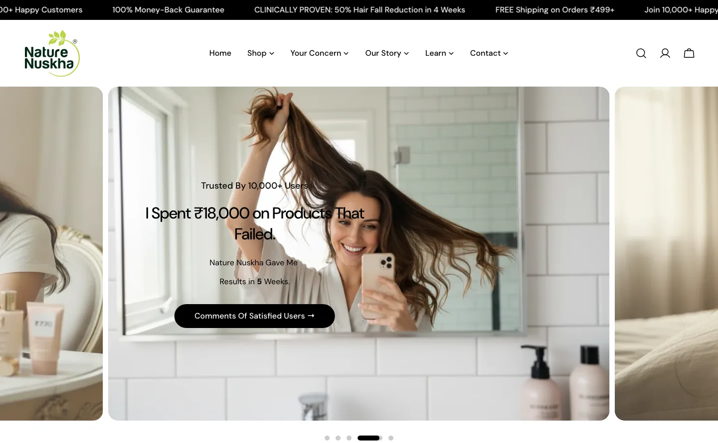 Nature Nuskha header with concern-based menu and a rounded hero carousel showing a lifestyle photo and comments button