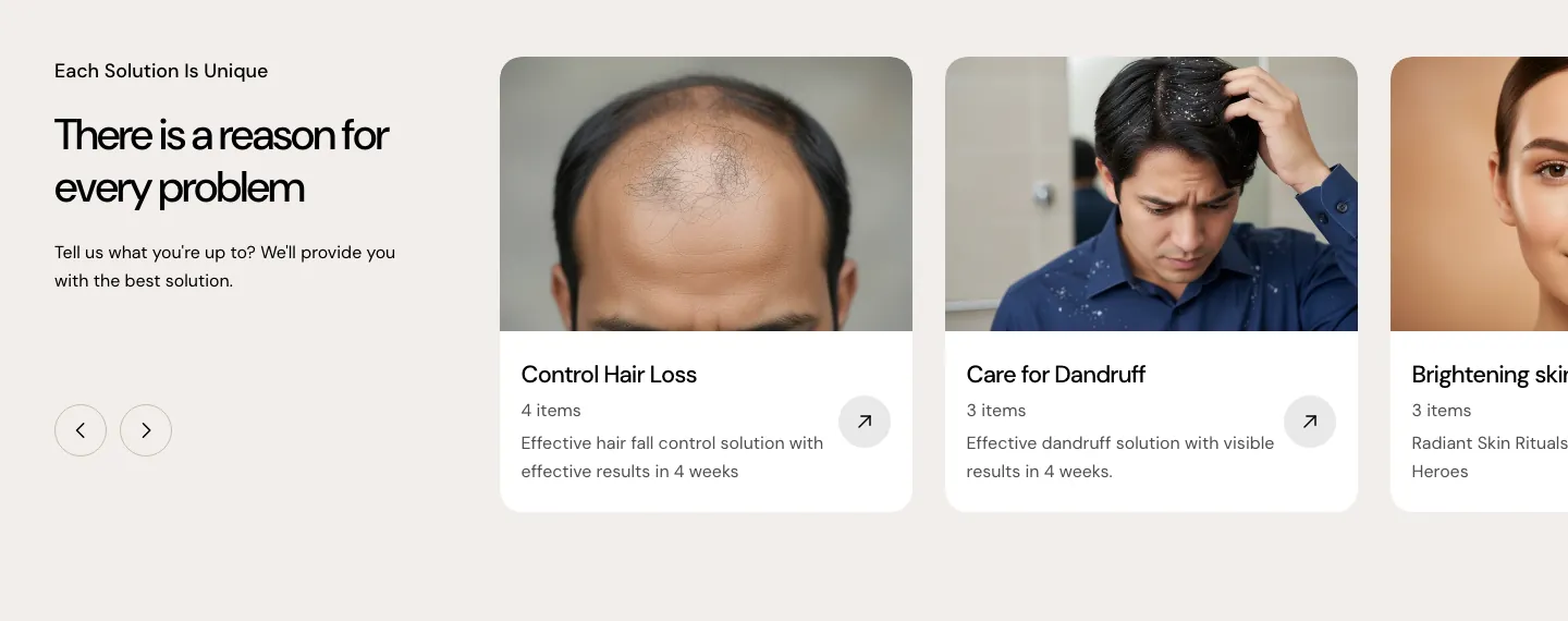 Concern cards for Control Hair Loss and Care for Dandruff, each with a photo, item count, short description and arrow