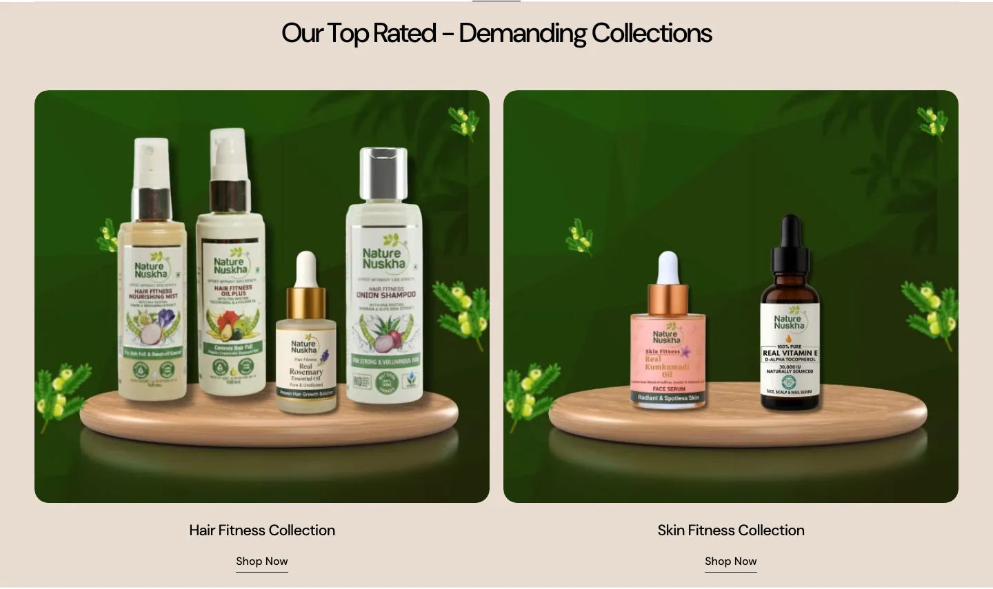 Hair Fitness and Skin Fitness collection banners with product bottles on wooden stands and Shop Now links