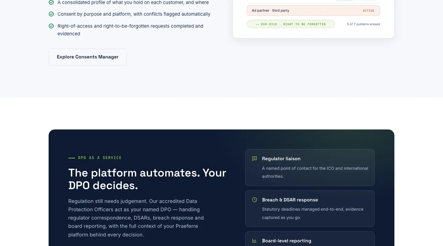 Dark DPO as a Service panel with headline The platform automates. Your DPO decides. and cards for regulator liaison and DSARs