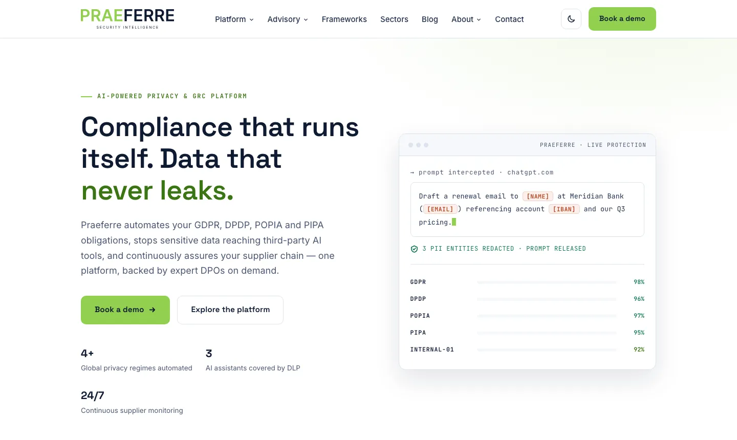 Praeferre homepage hero with headline Compliance that runs itself, demo buttons and a live protection panel