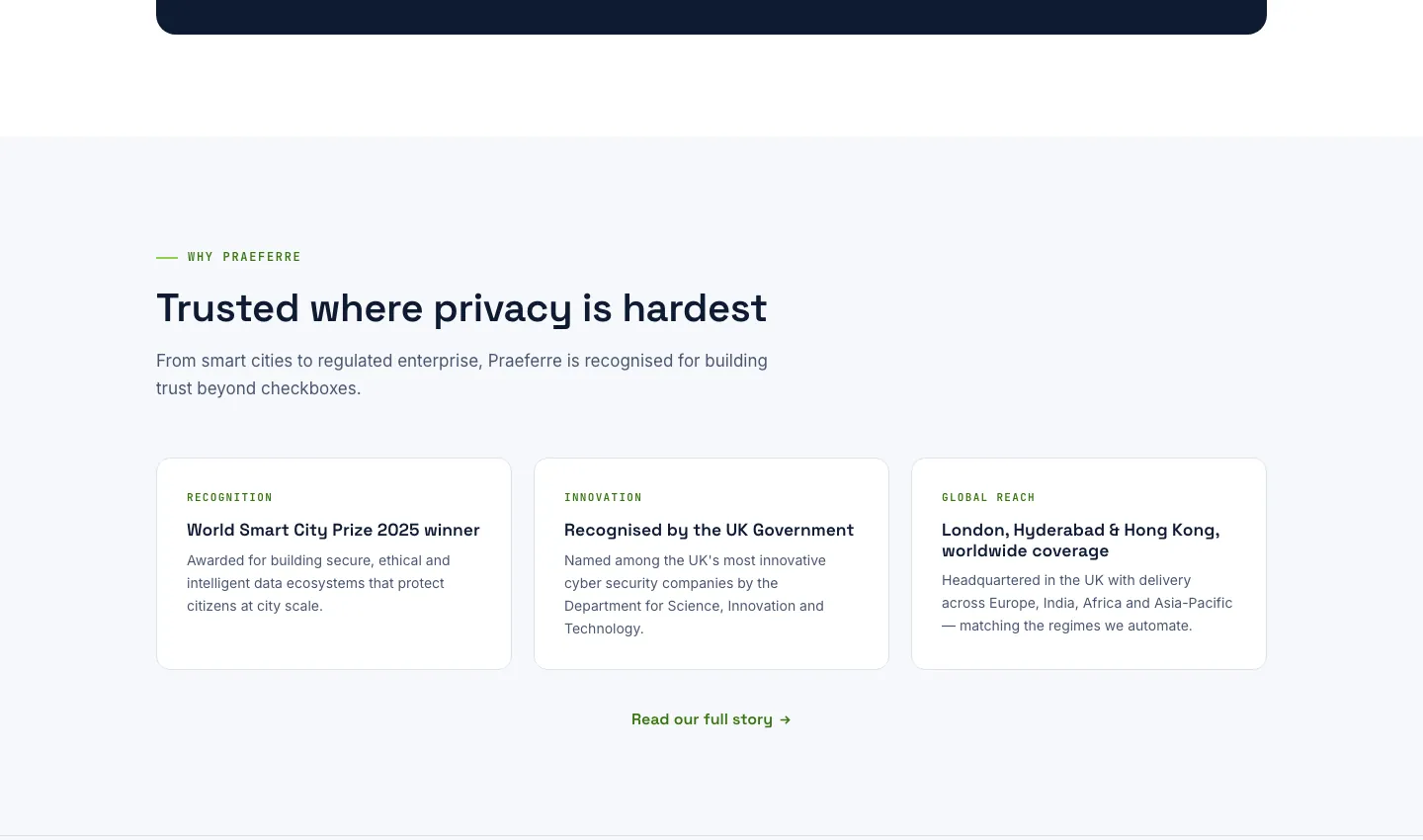 Why Praeferre section titled Trusted where privacy is hardest with three cards for recognition, innovation and global reach