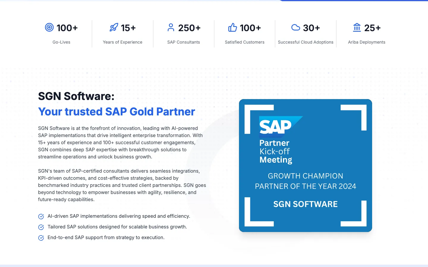 SGN Software counters row above an About section with check-marked points and an SAP partner graphic