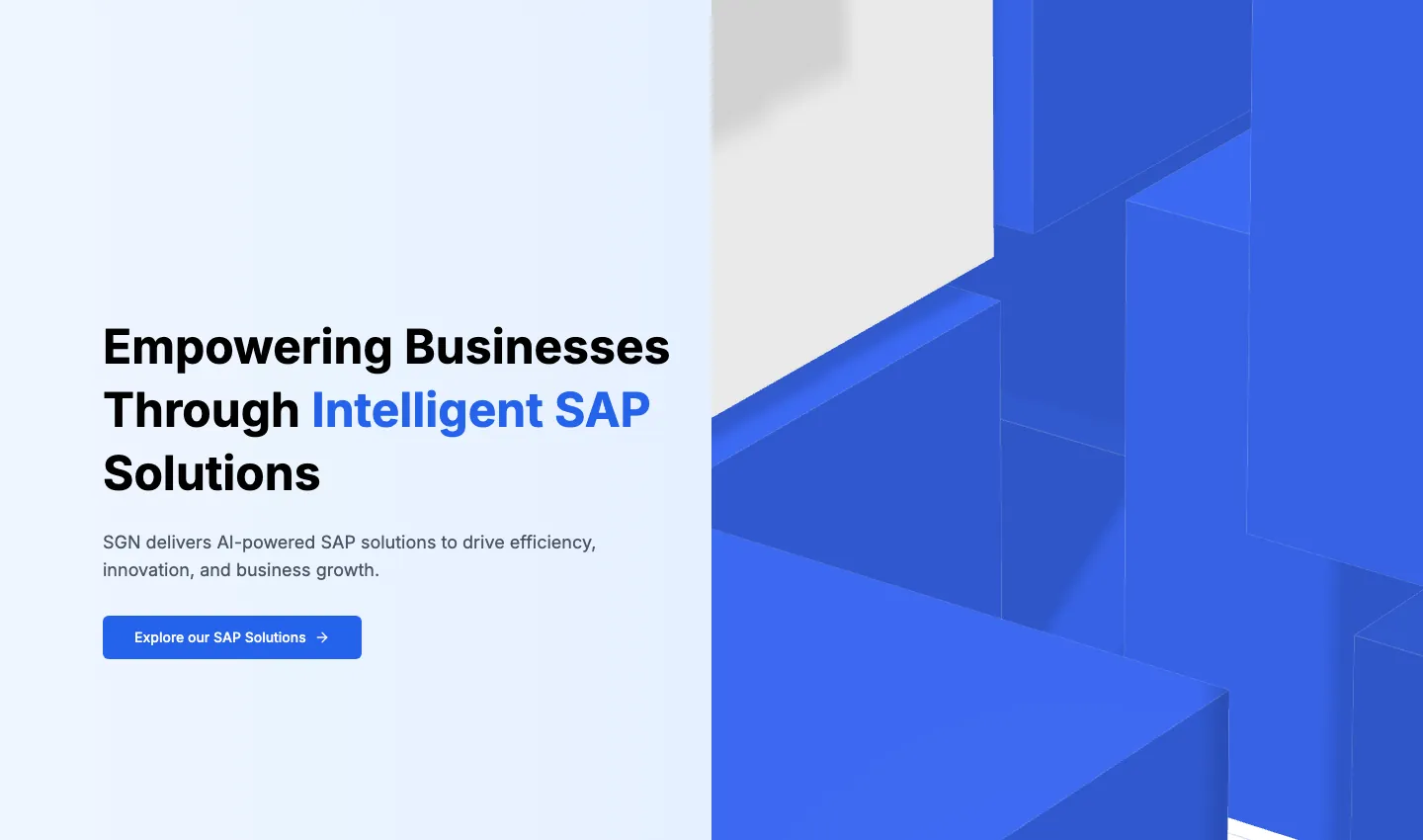 SGN Software hero headline about intelligent SAP solutions beside a 3D composition of blue blocks