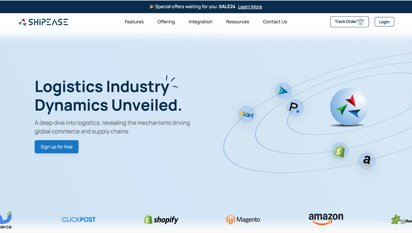 ShipEase homepage hero reading Logistics Industry Dynamics Unveiled, with Sign up for free button and channel logos