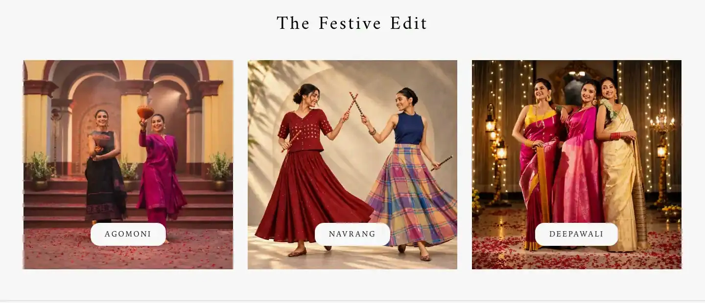 The Festive Edit section with three image tiles labeled Agomoni, Navrang and Deepawali