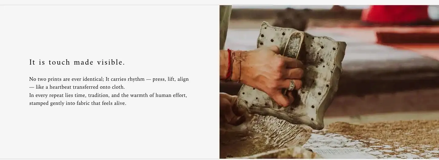 Editorial block titled It is touch made visible beside a photo of hands block printing fabric