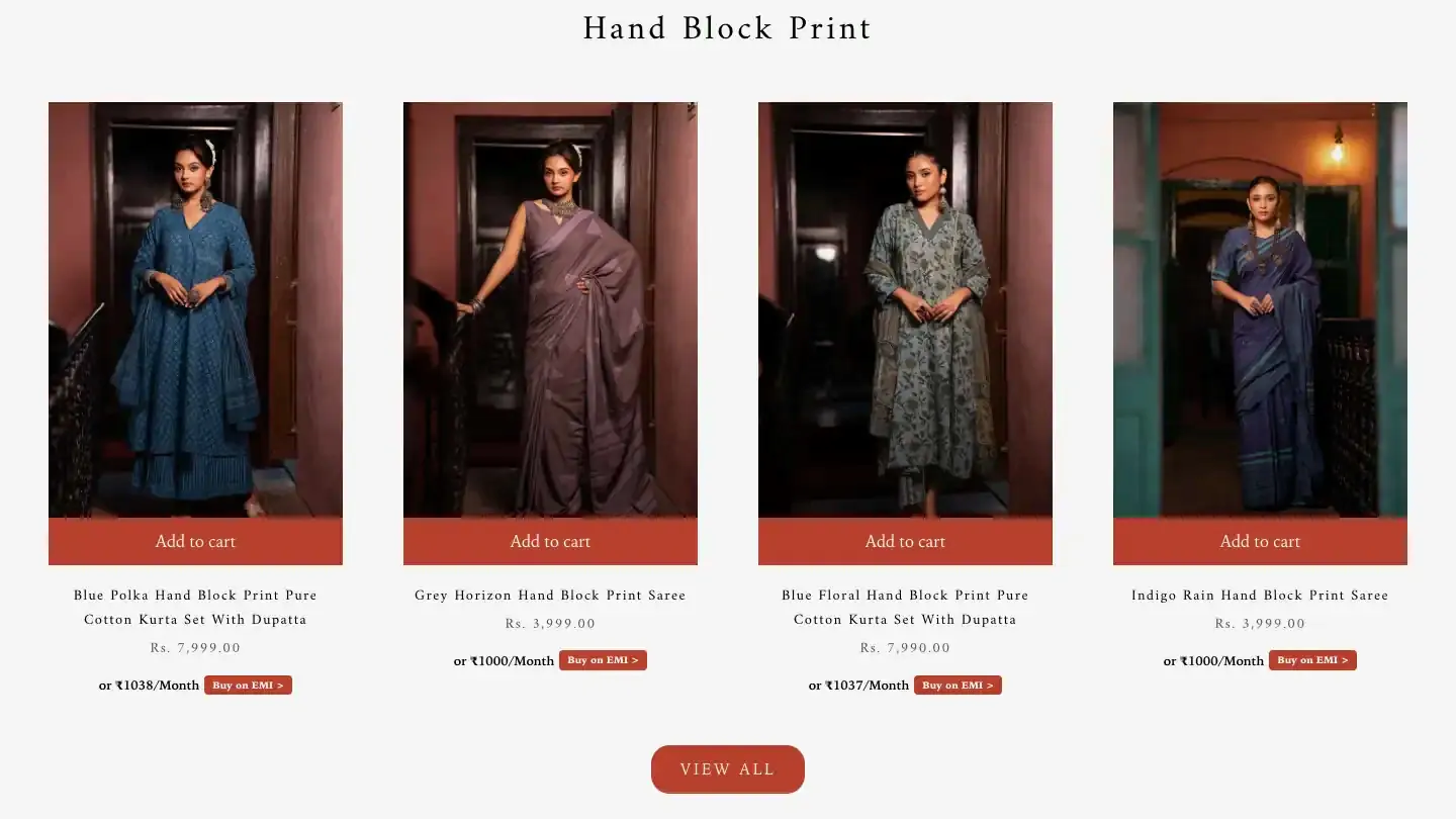 Hand Block Print product row with four kurta set and saree cards, Add to cart bars and a View All button