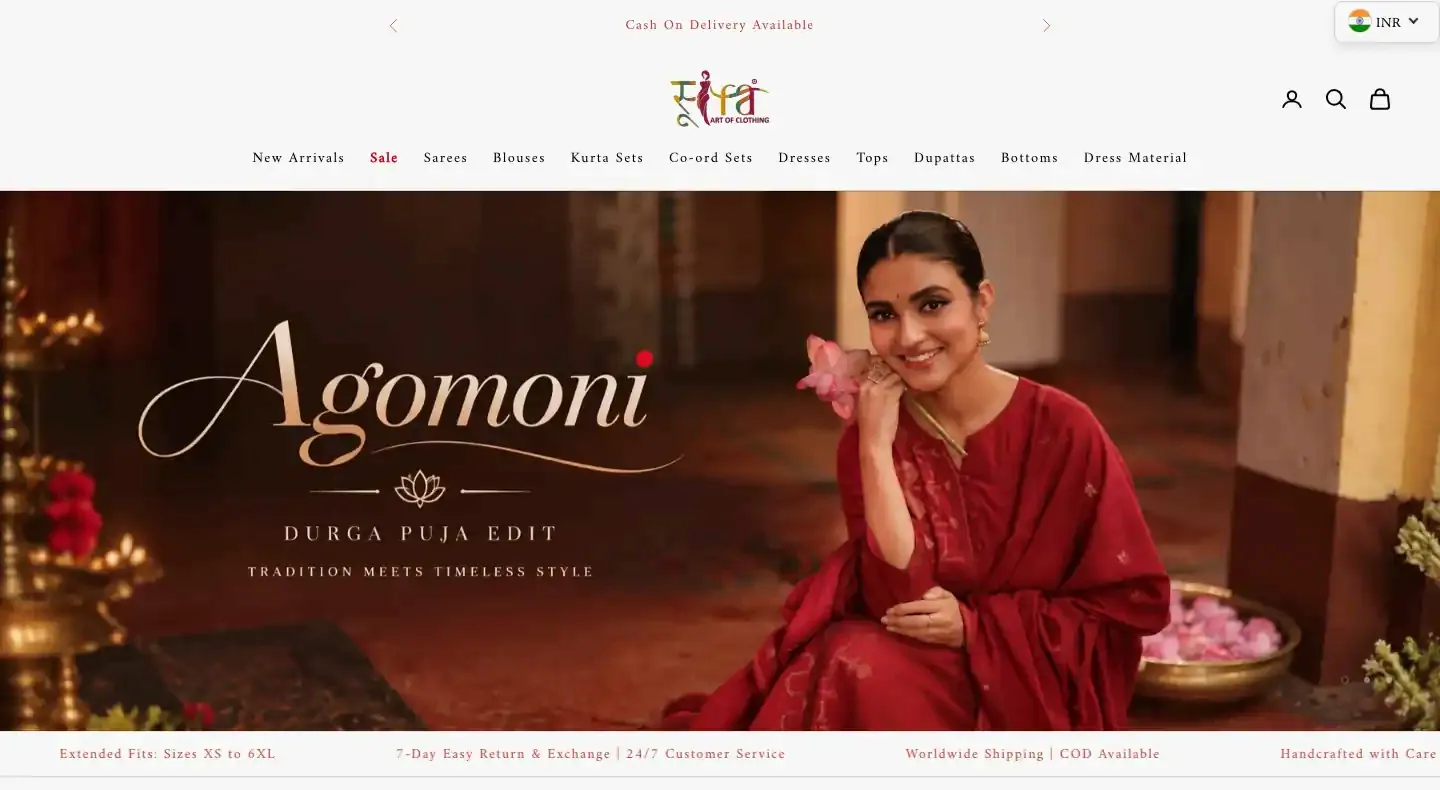 Sutra Clothing homepage with garment-type menu and an Agomoni Durga Puja Edit hero banner